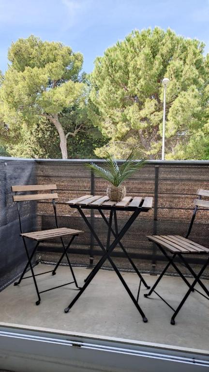 d'une table, de deux chaises et d'une plante en pot sur un balcon. dans l'établissement Appartement T2 Avignon proche remparts BALCON et PARKING, à Avignon