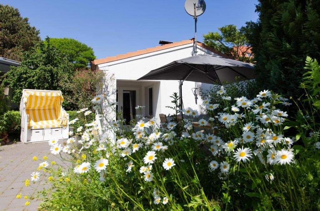 a garden with an umbrella and a chair and flowers at Ferienwohnung Onkel Toms Hütte in Scharbeutz