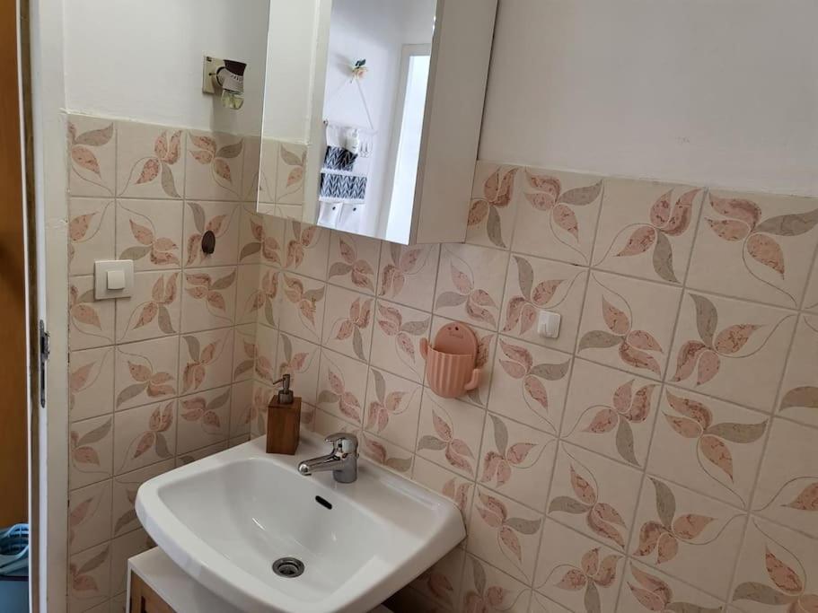 une salle de bain avec un lavabo et un miroir dans l'établissement appartement cap d'Agde, au Cap d'Agde