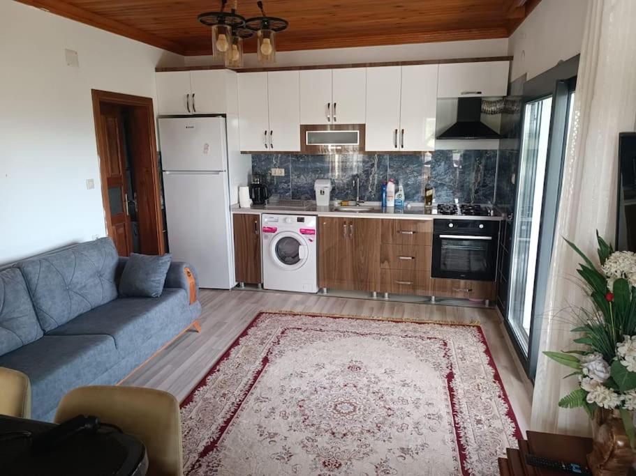 Una sala de estar con un sofá y una cocina. en Alya Apart 1 artı 1, en Muğla