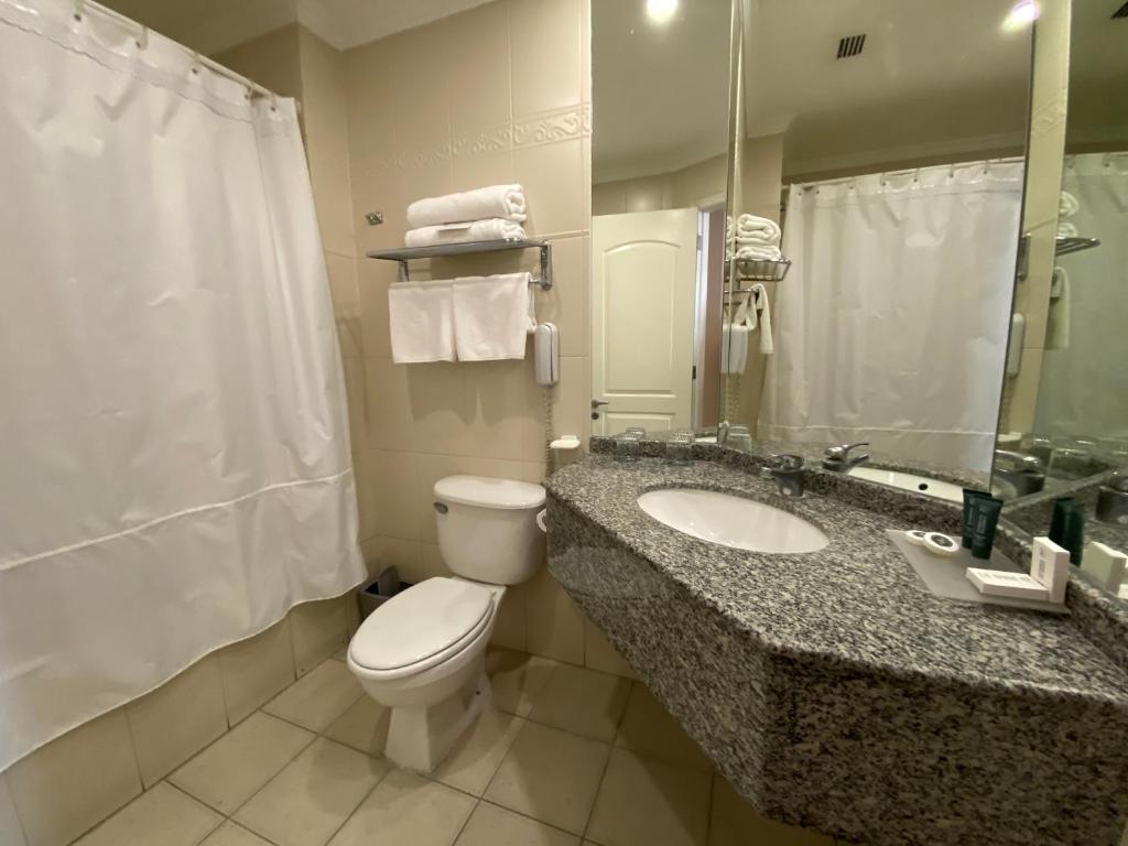 a bathroom with a toilet and a sink and a mirror at Hotel Diego de Almagro Aeropuerto in Santiago