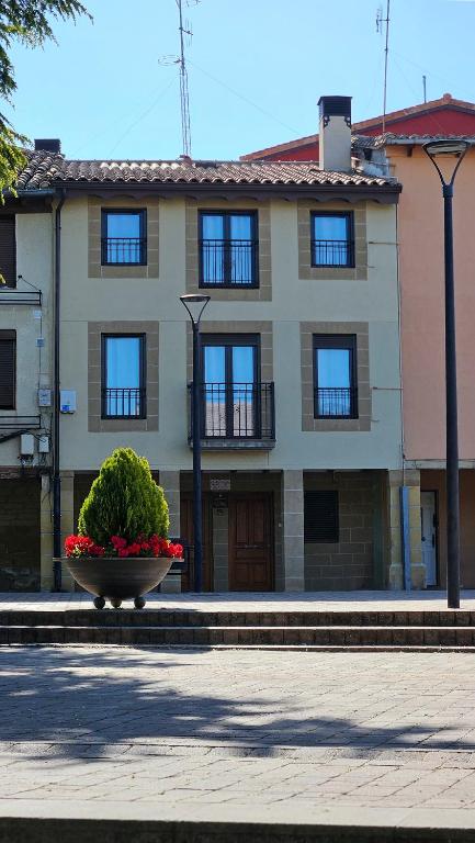 a large building with a flower pot in front of it at Apartamentos La Florida in Casalarreina