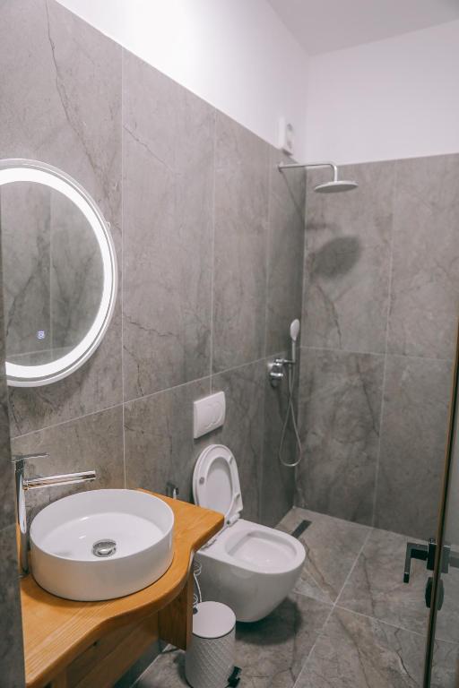 a bathroom with a sink and a toilet and a mirror at Vila Franko in Berat