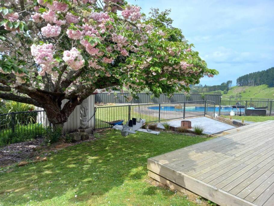 a tree with pink flowers next to a fence at Rural life in Otorohanga