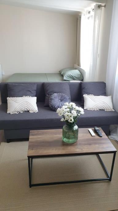 un canapé bleu dans un salon avec une table dans l'établissement le Jasmin, à Martigues