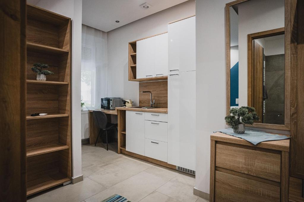 Kuchyň nebo kuchyňský kout v ubytování Gál Apartman Szeged -Keco-