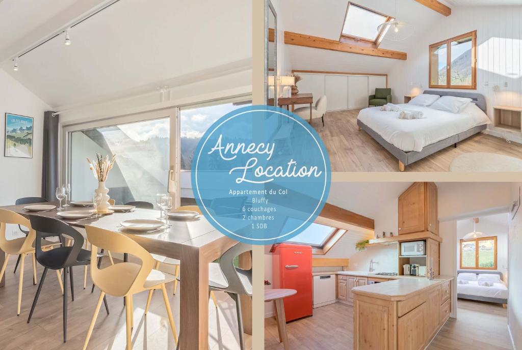 Il comprend une cuisine et une chambre avec un lit et une salle à manger. dans l'établissement Lescapade Du Col Cozy 2-bedroom Apartment, à Bluffy