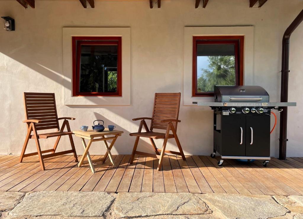 MalešovにあるSunrise Tiny House Malešovのパティオ(椅子、グリル、テーブル付)