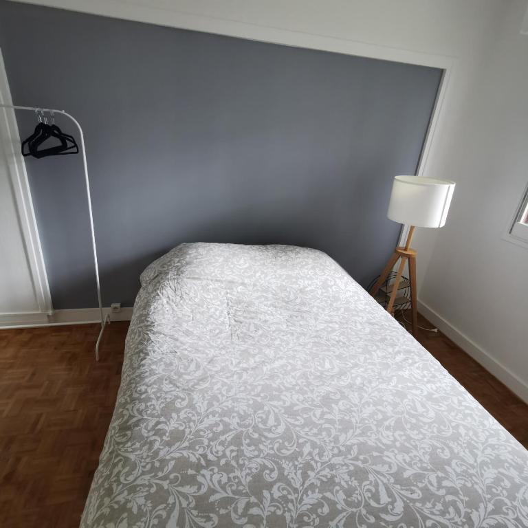- une petite chambre avec un lit et une lampe dans l'établissement Chambre Ananas à saint Marceau, à Orléans
