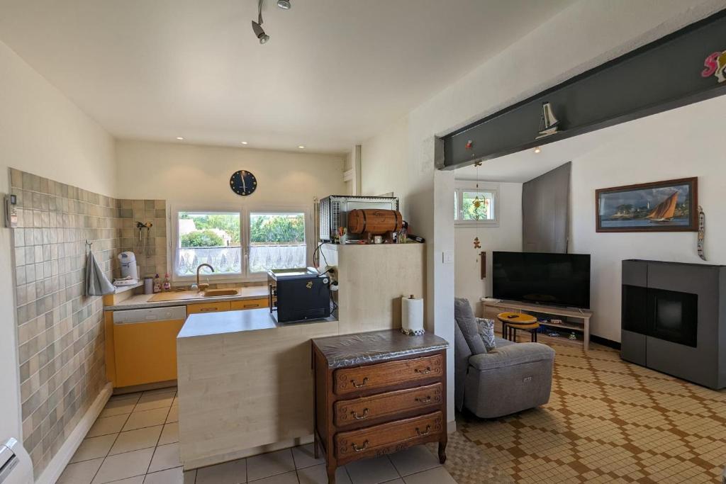 Il dispose d'une cuisine et d'un salon avec un évier et une télévision. dans l'établissement House near the beach of La Tranche-sur-Mer, à La Tranche-sur-Mer