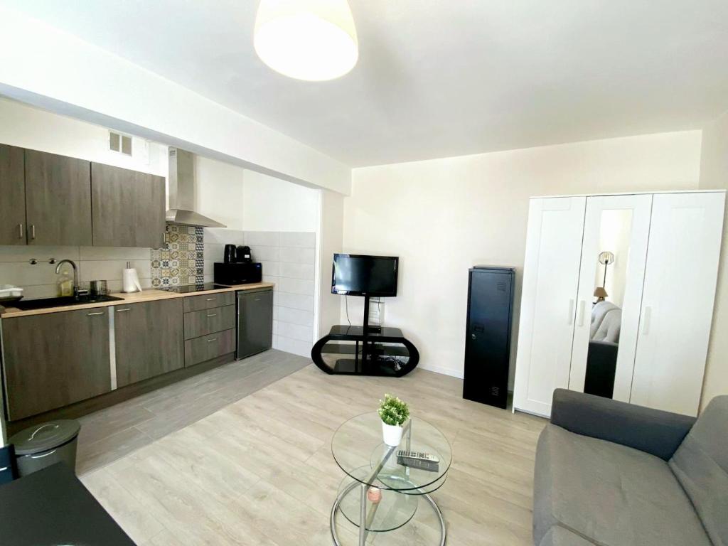 un salon avec un canapé et une table dans l'établissement BEL AIR - Studio, Proche centre, WIFI, Climatisation, à Antibes