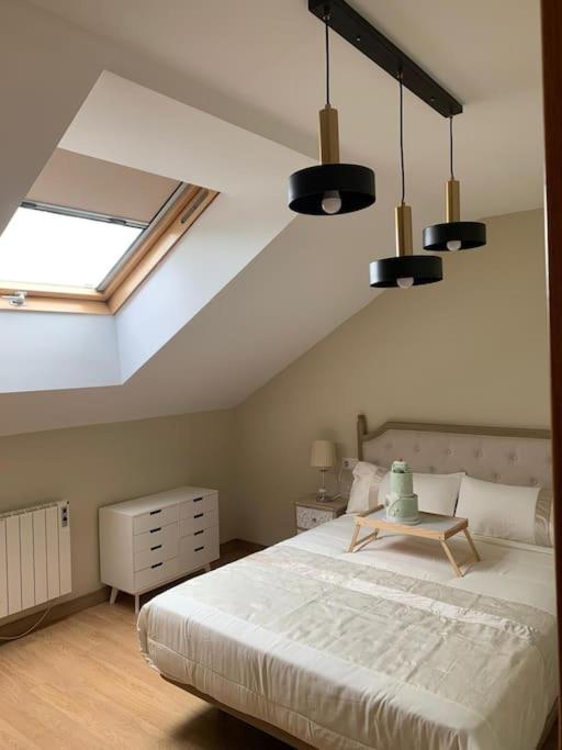 a bedroom with a large bed and a skylight at Alojamiento fiordos leoneses Boñar in Boñar