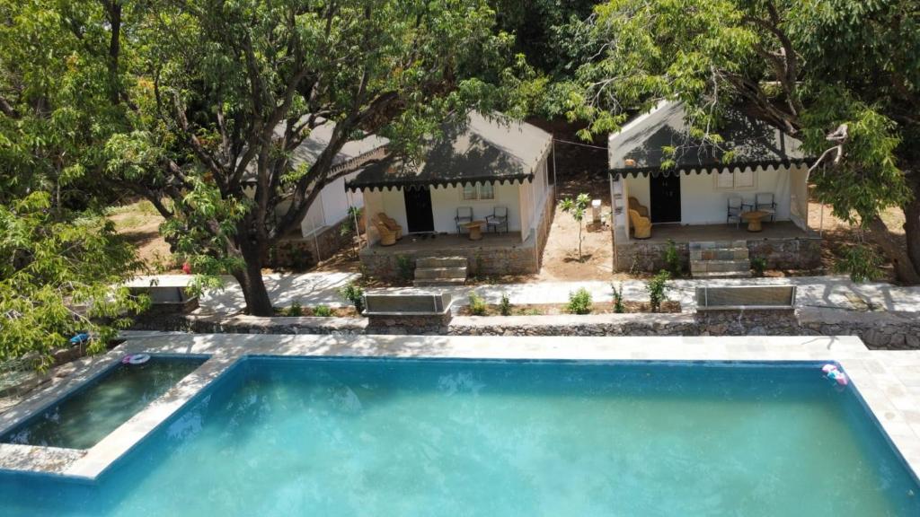 an image of a swimming pool in front of a house at The chocolate frog in Udaipur