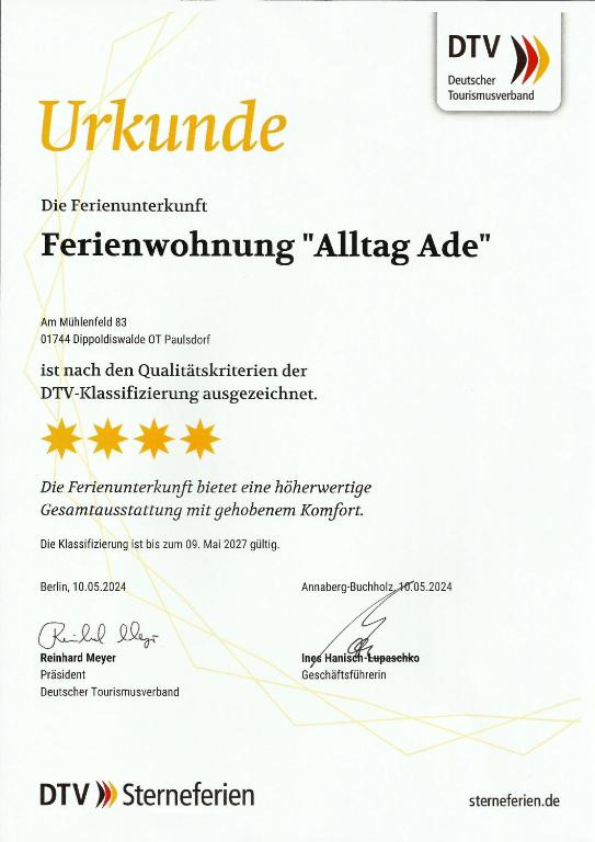 Certifikát, hodnocení, plakát nebo jiný dokument vystavený v ubytování ****Fewo "Alltag...ADE'"