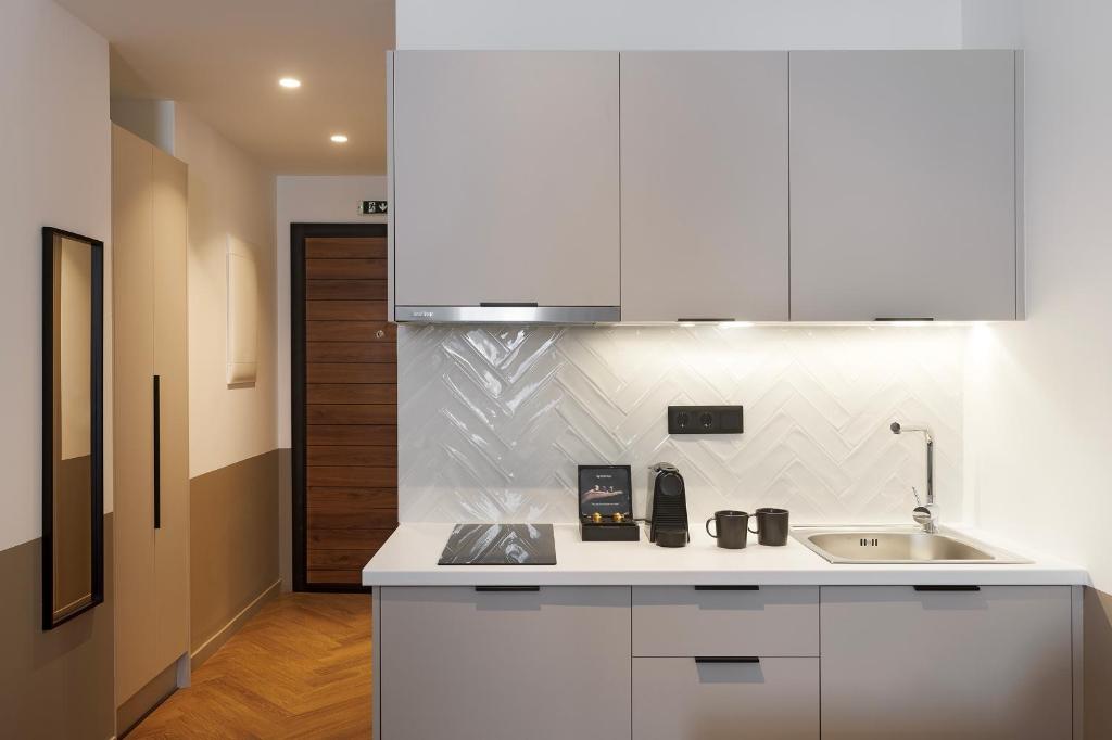 Kuchyň nebo kuchyňský kout v ubytování Ermass Modern Living Apartments