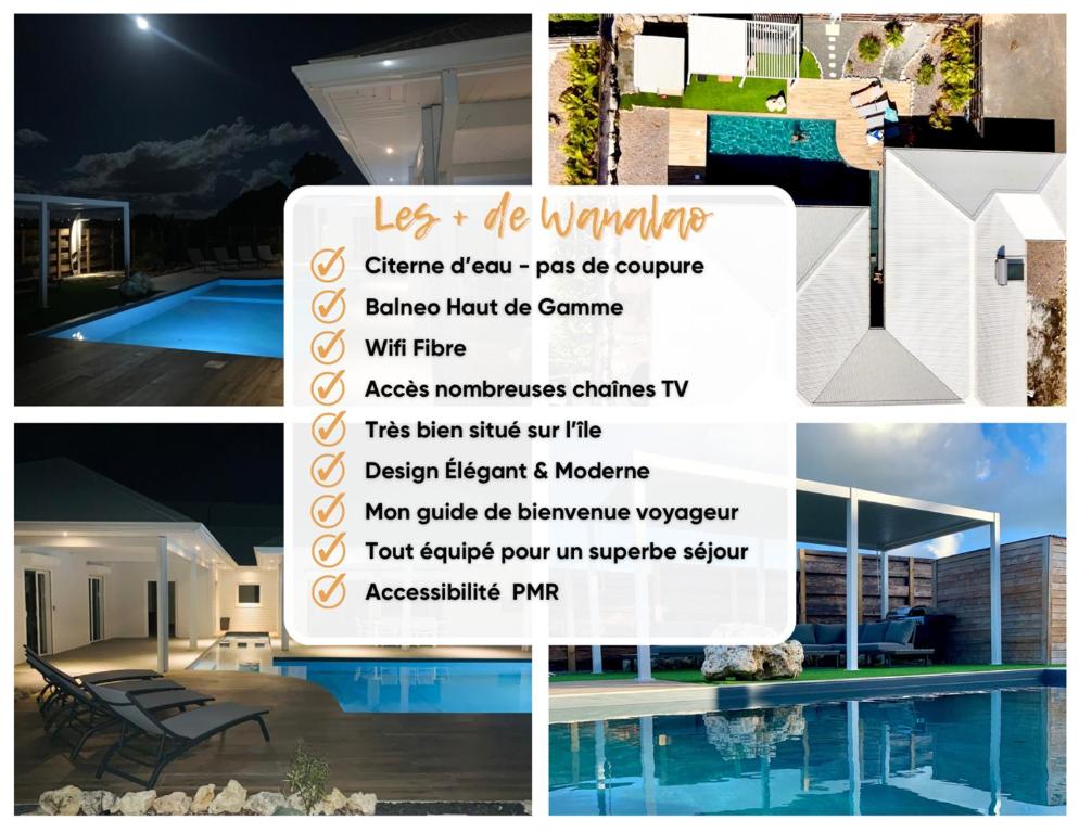 un collage de fotos de una casa con piscina en Nakolodge - 4 chambres - balneo - jardin et piscine privatifs, en Sainte-Anne