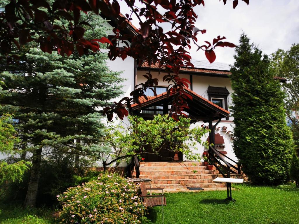 a house with a staircase in the yard at Pensiunea Muntele Rece in Bran