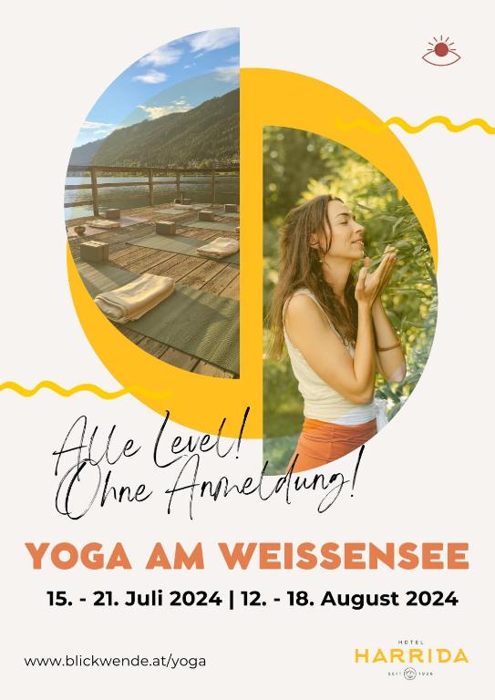 un volantino per un evento di anniversario di yoga con una donna che prega di Hotel Harrida a Weissensee