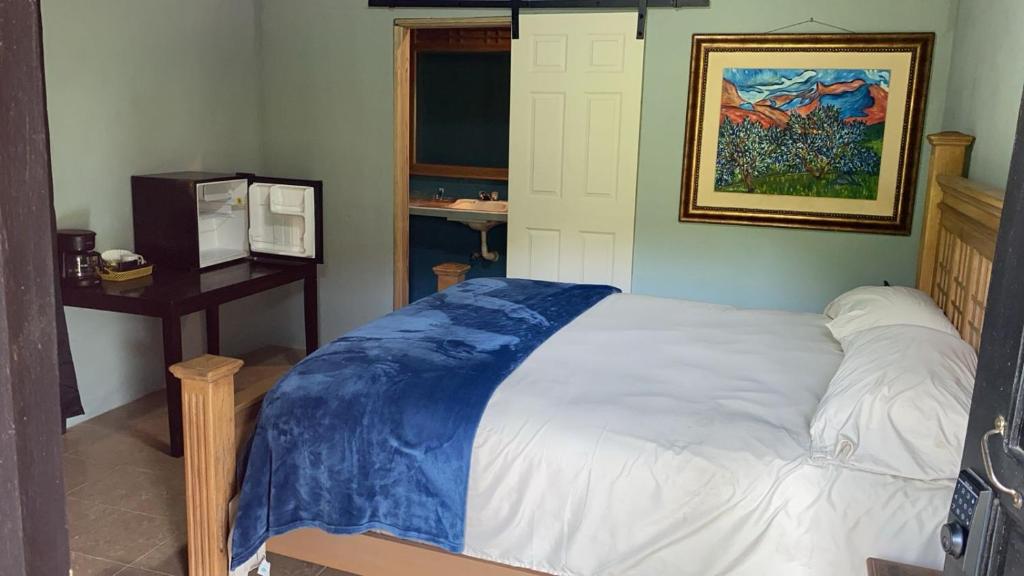a bedroom with a bed and a table and a picture at Airport Inn Roatan in Coxen Hole