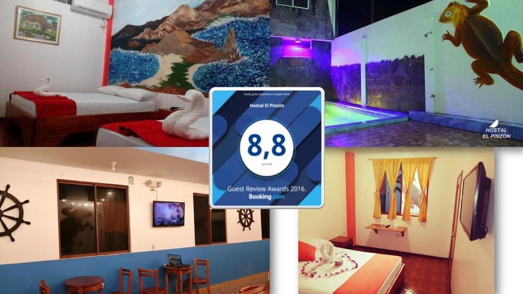a collage of photos of a hotel room at Hostal El Pinz&oacute;n in Puerto Ayora
