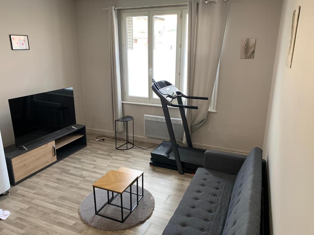 un salon avec un canapé et une télévision dans l'établissement Chez Maryline-joli T2 spacieux, à Villeurbanne