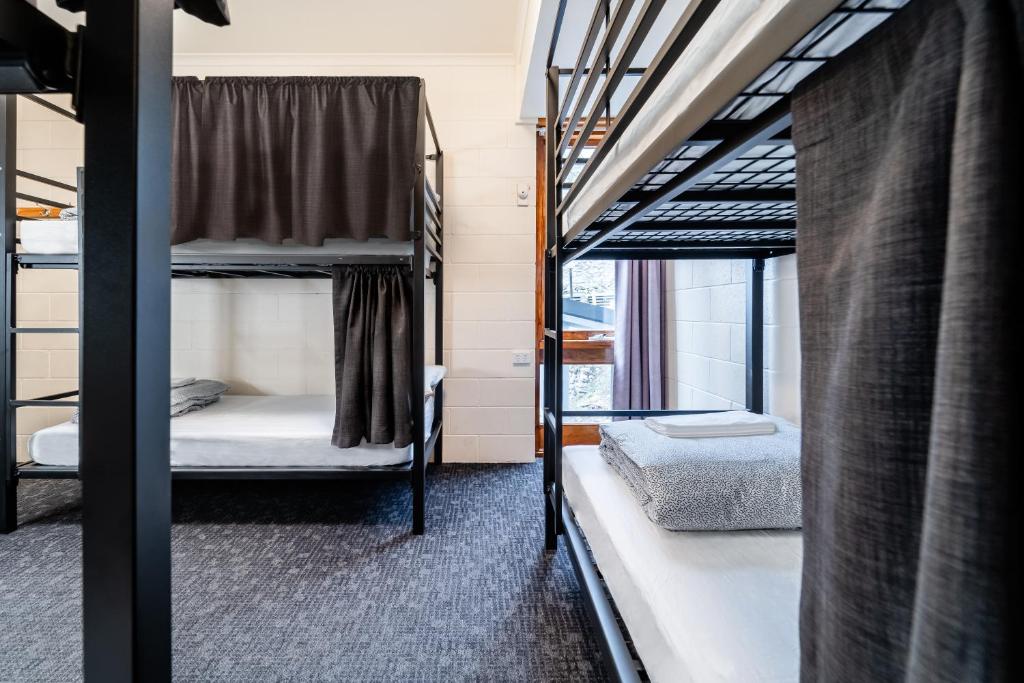a room with two bunk beds and a window at YHA Thredbo in Thredbo
