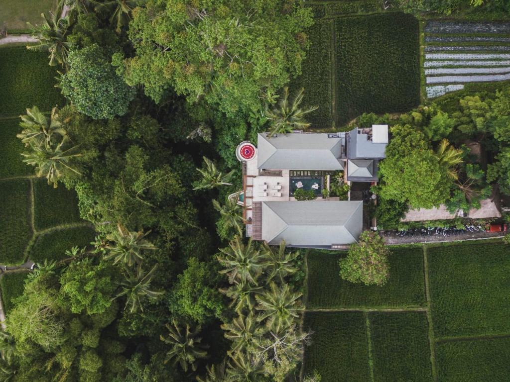 an overhead view of a house in the midst of trees at Suara Alam Hotel Ubud by Ini Vie Hospitality in Ubud