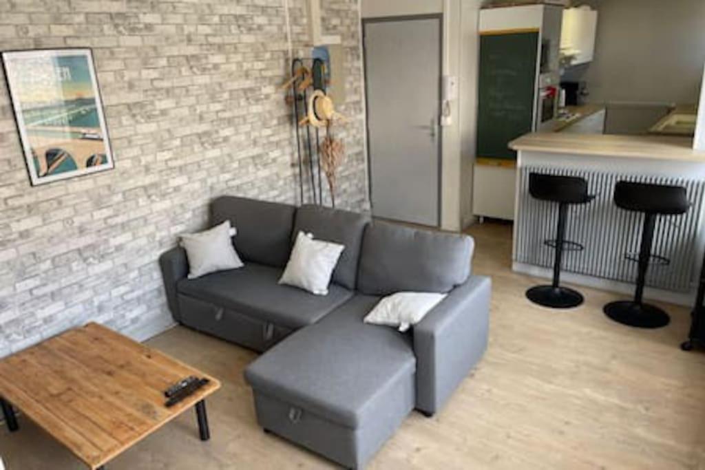 un soggiorno con un divano e un tavolo di Bel appartement en cœur de ville a Agen