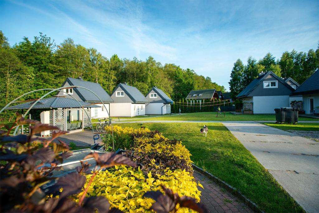 a row of houses with yellow flowers in a yard at Lubiatowe Love - domki w otulinie lasu in Lubiatowo