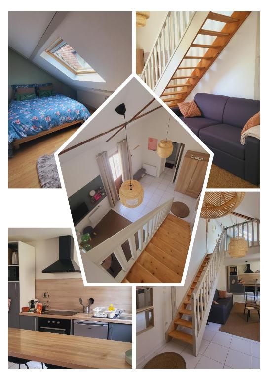 un collage de photos d'un salon et d'une cuisine dans l'établissement Duplex cosy La petite Arche centre Pont de l'arche, à Pont-de-lʼArche