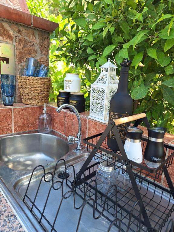 a kitchen sink with a dish drying rack next to it at Sarti Thea in Sarti