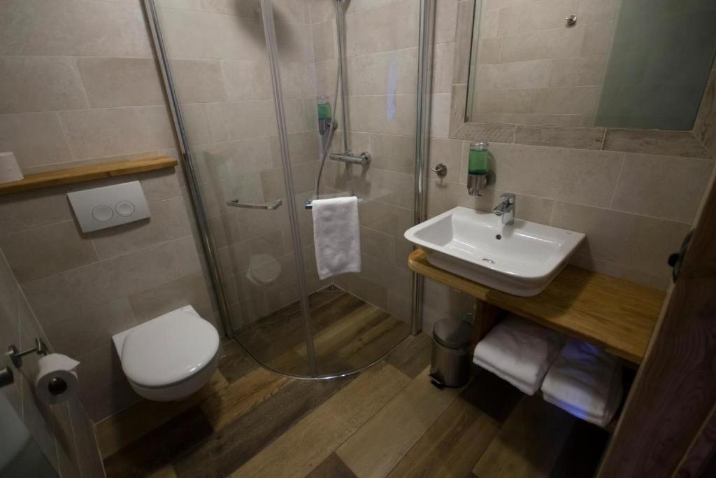 a bathroom with a shower and a toilet and a sink at Fjalladýrð Guesthouse in Modrudalur