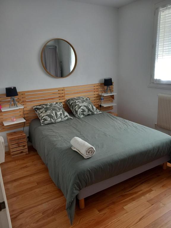 une chambre avec un grand lit avec un miroir dans l'établissement Maison à louer week-end des 24h, au Mans