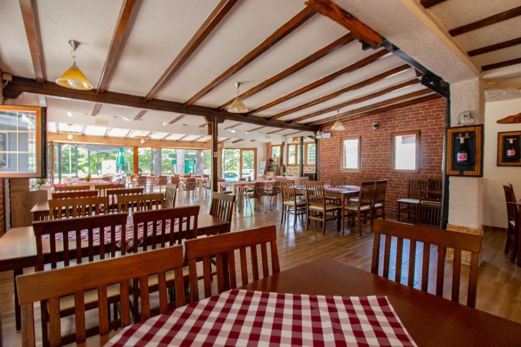 Restaurant with wooden tables