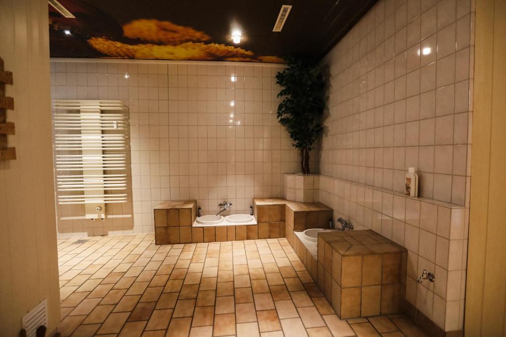 Harzträume Panorama Lodge, im Harz, mit Schwimmbad und Sauna في برونلاغ: حمام من البلاط مع مغسلتين ودورتين مياه