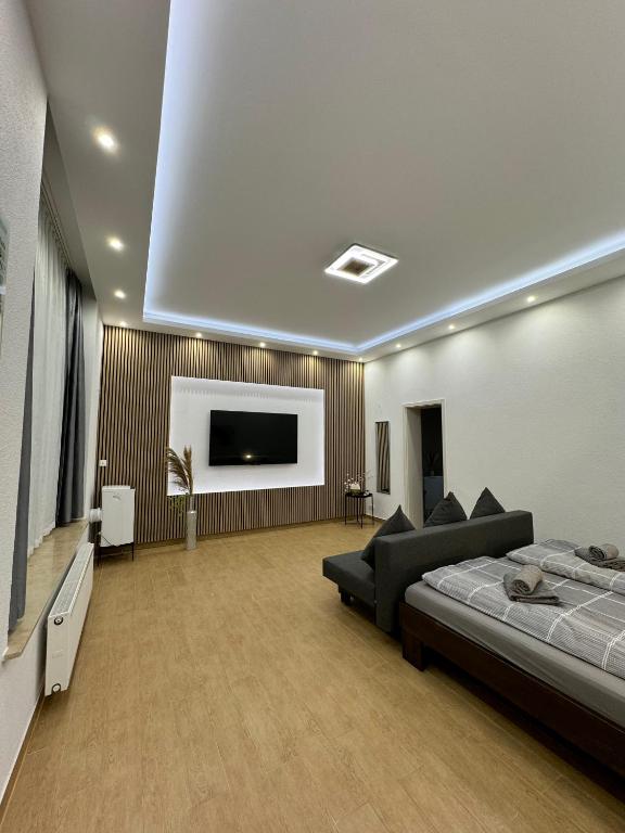 a living room with a bed and a flat screen tv at Micro Apartment Leipzig 2 in Leipzig