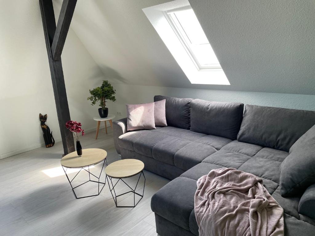 a living room with a gray couch and a skylight at Moderne Ferienwohnung in Lutherstadt Wittenberg in Lutherstadt Wittenberg