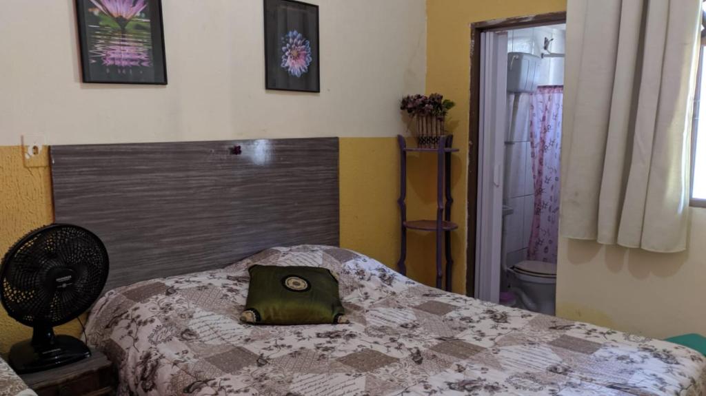 a bedroom with a bed with a green pillow on it at Hospedaria Recanto do Bem-te-vi - Kitinete e suite in Serra