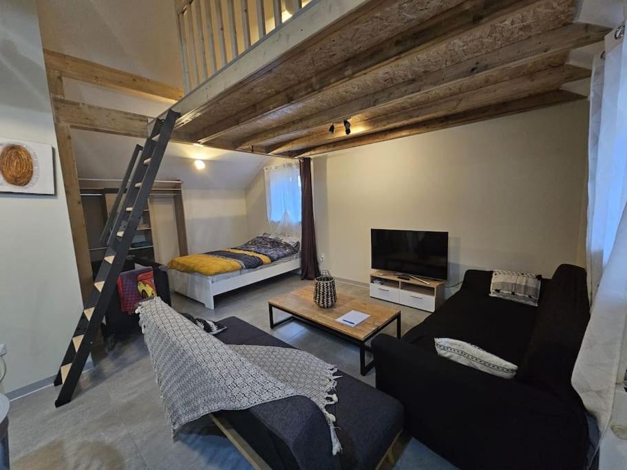 a living room with a loft with a couch and a bed at O'Pains d'Epices in Horbourg