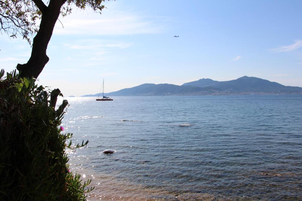 una barca a vela in un grande bacino d'acqua di Duplex à 100 m de la plage a Grosseto-Prugna