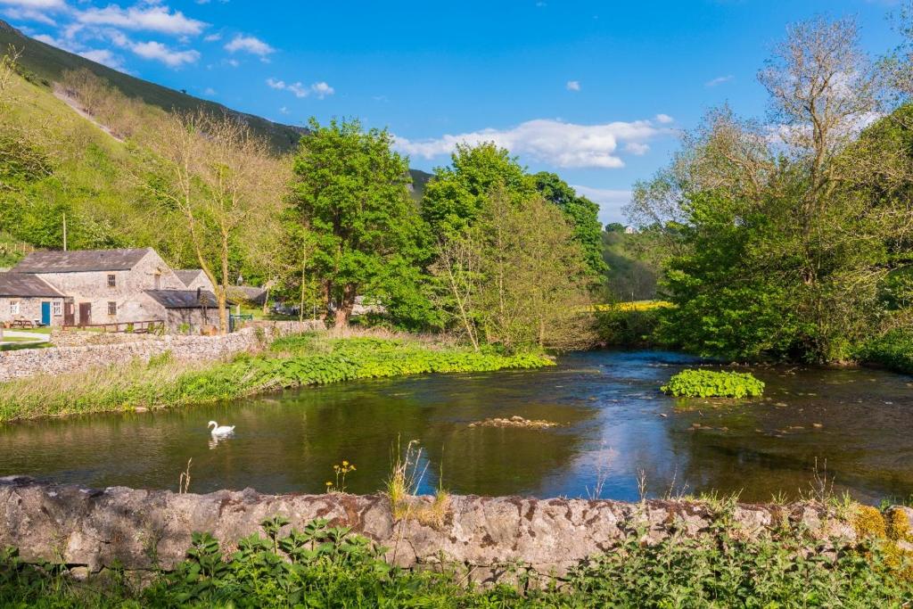 une rivière avec un oiseau dans l'eau dans l'établissement Greenhills Cottage Upperdale Peak District, à Buxton