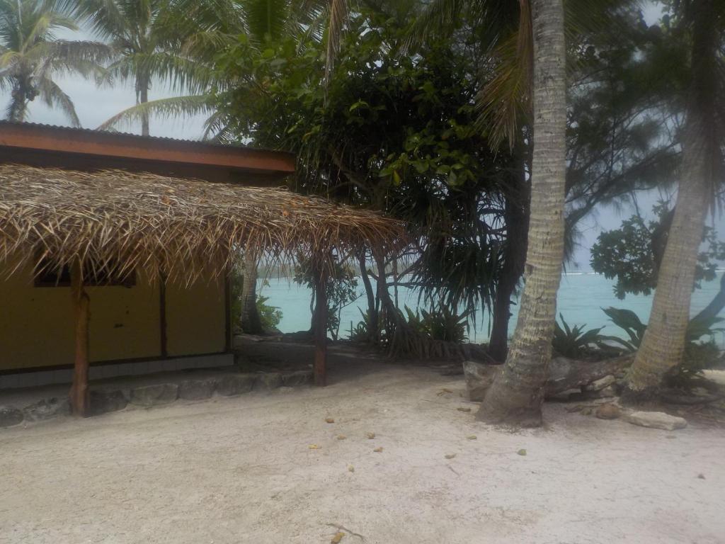 um edifício na praia com palmeiras e água em Camping Hiva Plage em Parea