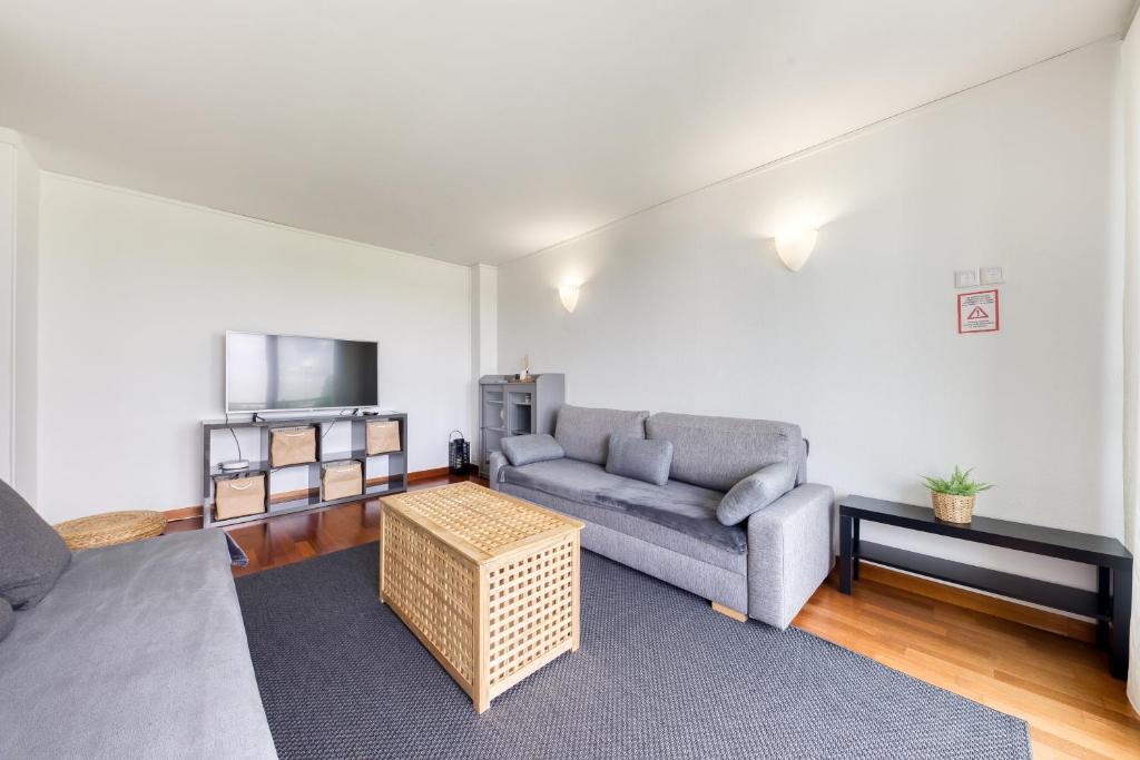 a living room with a couch and a tv at le confort proche Paris Thiais Sceaux Massy et Orly in Fresnes