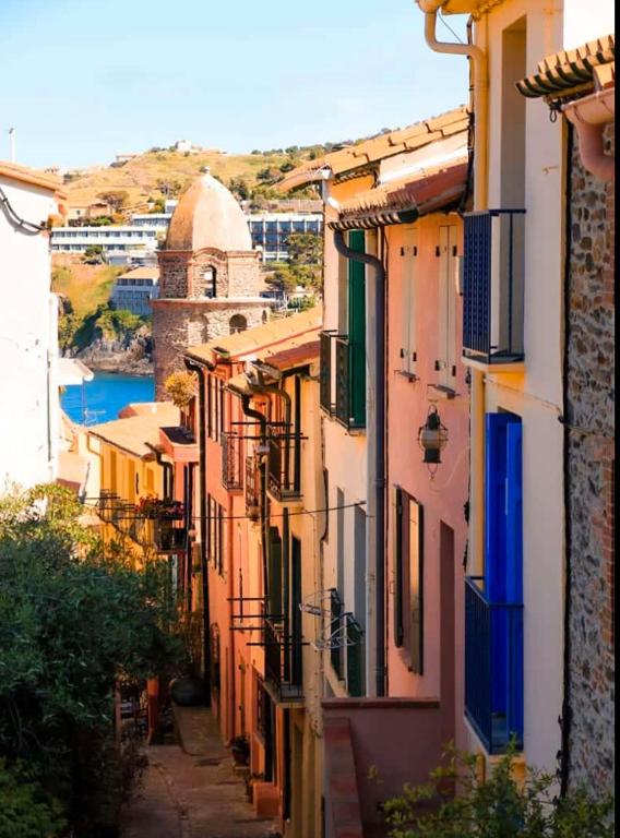 - une vue sur une rue avec des bâtiments et une rivière dans l'établissement Studio collioure mouret, à Collioure