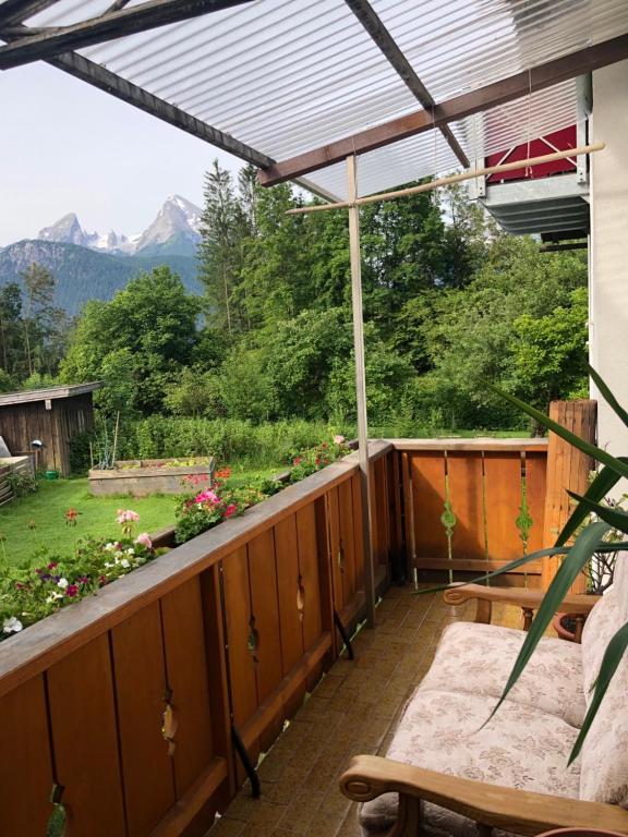 a patio with a view of the mountains at Ferienwohnung Haus Renn in Bischofswiesen