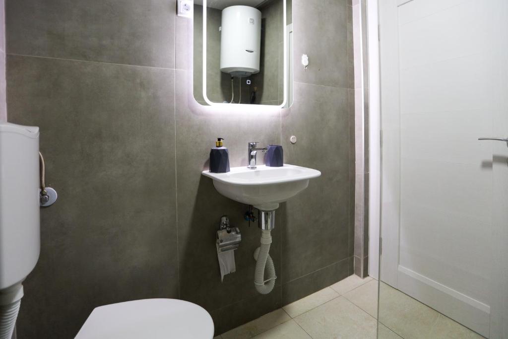 a bathroom with a sink and a toilet and a mirror at Airport Stay Apartments in Surčin