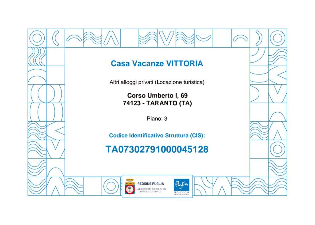 Certifikát, ocenenie alebo iný dokument vystavený v ubytovaní Casa Vacanze VITTORIA