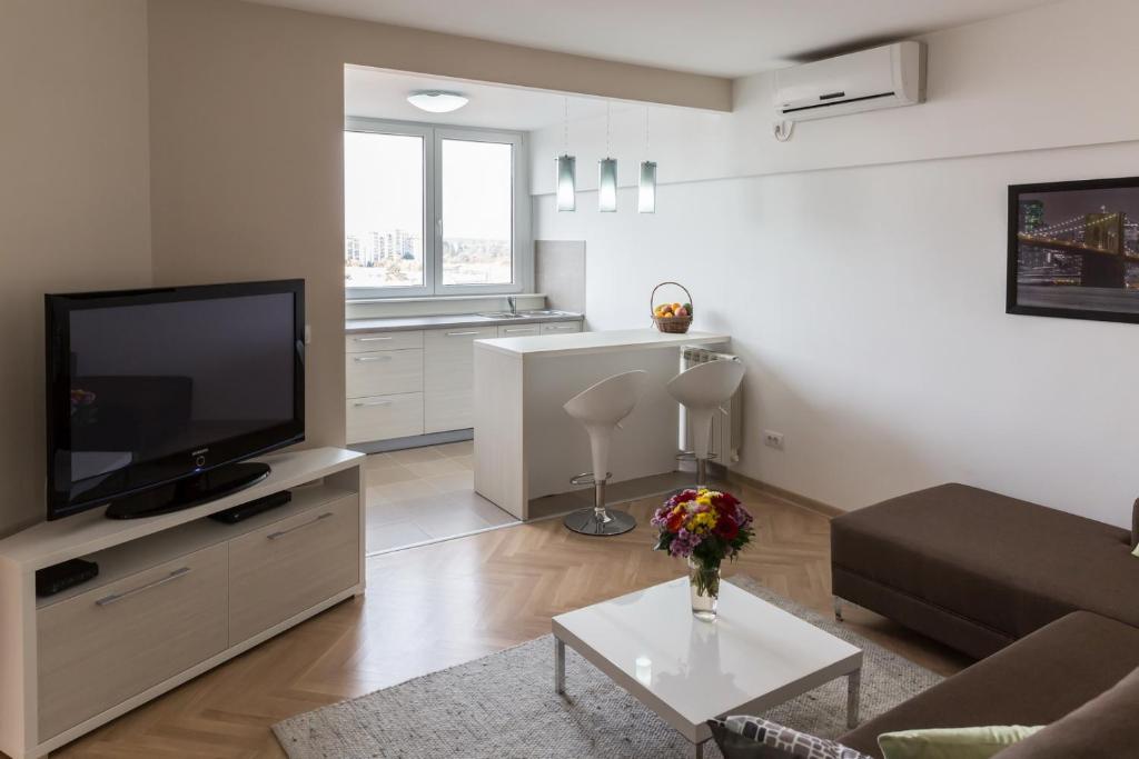 a living room with a couch and a tv at Apartment Admiral in Belgrade