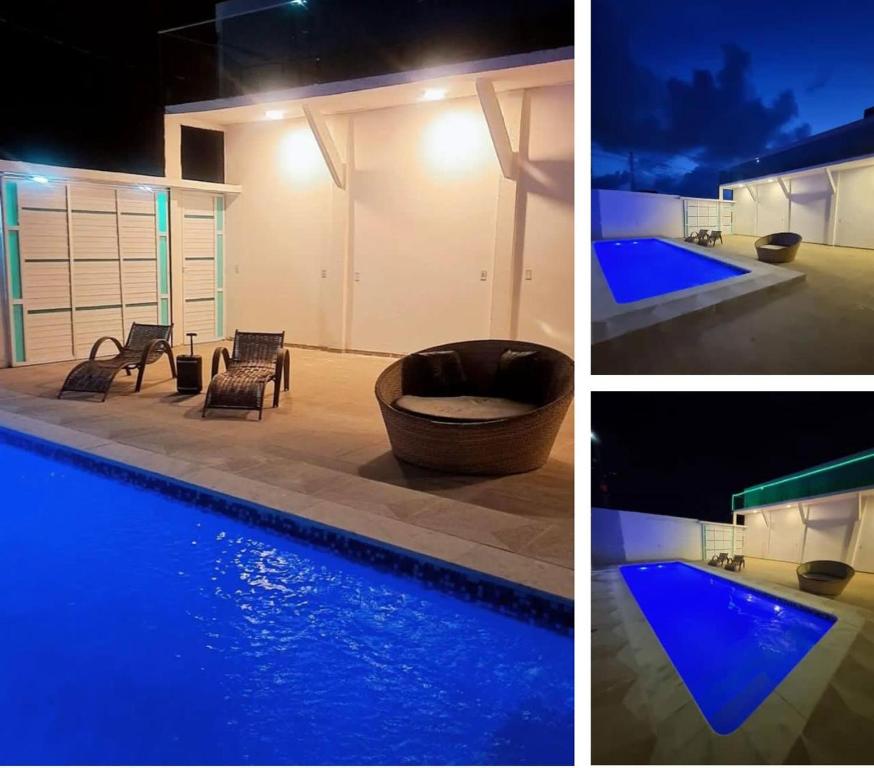 two pictures of a swimming pool with blue lights at Pousada QUERÊNCIA FRANCÊS in Marechal Deodoro