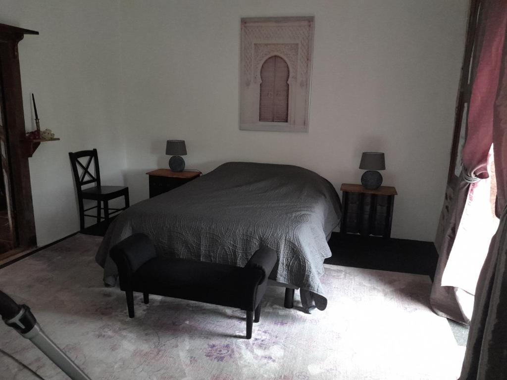 una camera da letto con un letto, una sedia e una finestra di La petite Salamandre bleue a La Croisille-sur-Briance